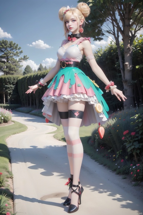 SSX, 1girl, solo, thighhighs, blonde hair, blue eyes, striped, double bun, hair bun, earrings, jewelry, dress, food, looking at viewer, fruit, collar, hair ornament, shoes, bow, multicolored hair, black footwear, skirt, belt, food-themed hair ornament, magical girl, black bow, leg ribbon, white thighhighs, thighs, outdoors, scenery, blue sky, landscape, (raw photo:1.2), ((photorealistic:1.4))best quality, masterpiece, an extremely delicate and beautiful, extremely detailed, CG, unity, 8k wallpaper, Amazing, finely detail, masterpiece, official art, extremely detailed CG unity 8k wallpaper, absurdres, incredibly absurdres, huge filesize, ultra-detailed, highres, extremely detailed, beautiful detailed girl, 1girl, pale skin, tall female, (perfect body shape), skinny body, Slender legs, pale skin, tall man, long legs, thin leg, illustration, cinematic lighting, best quality