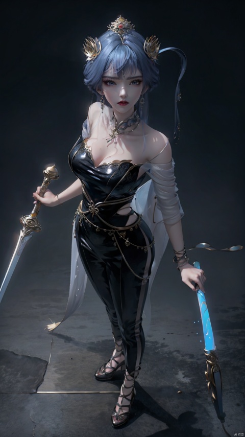  1 girl, loose clothes, (holding a samurai sword) (,blue eyes, three-dimensional facial features, big eyes, light makeup, lying silkworm), (loli height, standing on a mirrored stage, full body photo), (overhead view), (workwear pants, clothing - street hip-hop), (exquisite masterpiece), (holographic projection), (cyberpunk style), (mechanical modular background), (Luminous circuit) (Flashing neon light) (Blue illuminated background) (Background blurring treatment), Light-electric style,shining