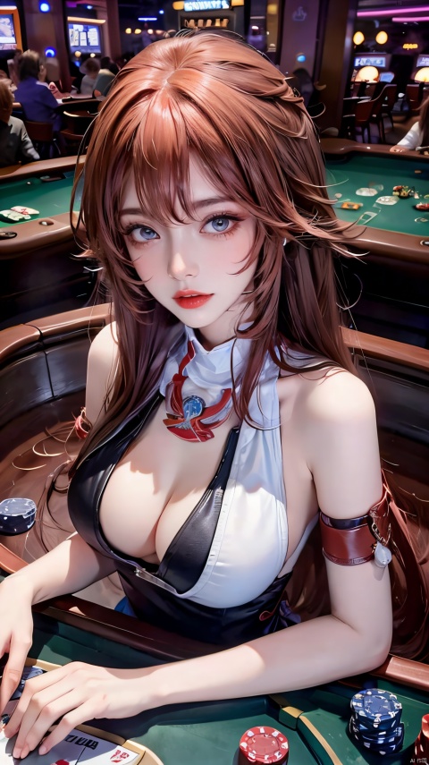  1 Girls in casinos, long hair, black leather, beautiful cleavage, poker, many poker, poker, wide-angle camera, gambling table, lobby, high-quality masterpiece,