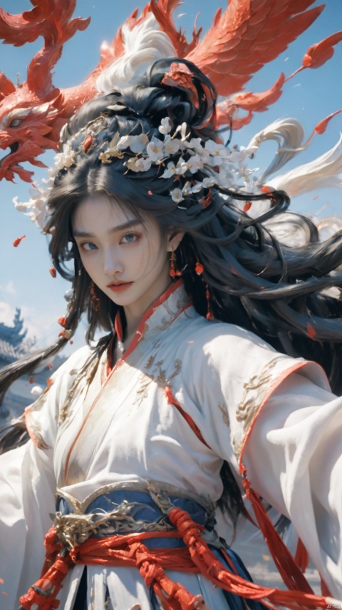  jianjue,wanjianguizong,16k,masterpiece,textured skin,multiple swords,embellished costume,Award winning photos, extremely detailed, stunning, intricate details, absurd, highly detailed woman, extremely detailed eyes and face, dazzling red eyes, detailed clothing,ultra long sleeves,dingxianghua,QMSJ,candy-coated,in the style of saturatedpigment,韦斯安德森