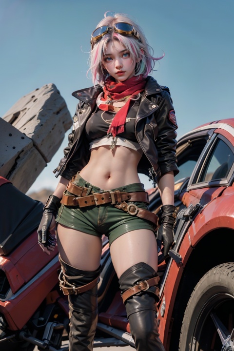 Lush, GY, 1girl, leather, leather jacket, solo, scarf, multicolored hair, jacket, gloves, goggles, pink hair, looking at viewer, blue eyes, goggles on head, black jacket, streaked hair, fingerless gloves, short hair, black gloves, white hair, red hair, boots, thigh boots, belt, short skirt, jacket, green short skirt, ahoge, scarf, midriff, outdoors, raw photo:1.2, photorealistic:1.4, masterpiece, an extremely delicate and beautiful, extremely detailed, CG, unity, 8k wallpaper, Amazing, finely detail, masterpiece, official art, extremely detailed CG unity 8k wallpaper, absurdres, incredibly absurdres, huge filesize, ultra-detailed, highres, extremely detailed, beautiful detailed girl, 1girl, pale skin, tall female, perfect body shape, Slender legs, illustration, cinematic lighting, best quality, best quality,full_body