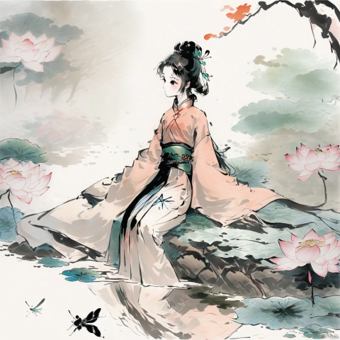  A girl, black hair, long sleeves, shut up, sitting on a rock, tree, belt, Chinese Hanfu, Bun, Dragonfly, butterfly, nature, forest, reflection, Lily, lotus, pond, traditional Chinese inkpainting,荷塘月色,山水如画