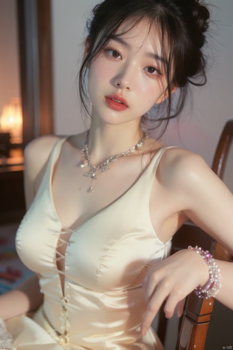 nsfw,nipples,open clothes,
1girl, solo, looking at viewer, black hair, dress, jewelry, sitting, sleeveless, indoors, black eyes, bracelet, lips, sleeveless dress, chair, stress dress, realistic, poakl ggll girl