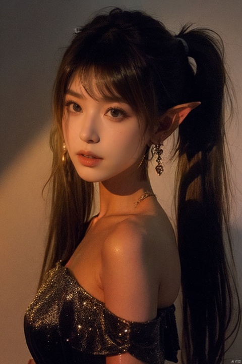 1girl, solo, long hair, breasts, looking at viewer, bangs, bare shoulders, twintails, jewelry, collarbone, monochrome, upper body, greyscale, earrings, parted lips, pointy ears, parted bangs, eyelashes, strapless, elf