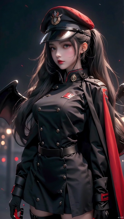  mecha_musume,armor,1girl, solo, long_hair, looking_at_viewer, skirt, black_hair, red_eyes, gloves, long_sleeves, hat, hair_between_eyes, twintails, closed_mouth, standing, jacket, wings, white_gloves, cape, exspressionless,look at viewers,uniform, black_jacket, military, black_headwear, blood, military_uniform, buttons, bat_wings, peaked_cap, epaulettes, demon_wings, military_hat, blood_on_face, double-breasted, blood_on_clothes, aiguillette, vampire,,, mecha musume