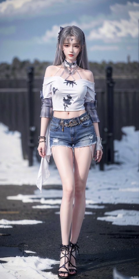  cowboy shot, Blue sky, white clouds, ocean,nai3, 1girl, shorts, solo, crop top, black shorts, choker, navel, shirt, midriff, crop top overhang, looking at viewer, white shirt, jewelry, breasts, bare shoulders, short shorts, off-shoulder shirt, off shoulder, black choker, thighs, stomach, hand on own thigh, long hair, bracelet, short sleeves, ribbon, hand up, collarbone, hair ribbon, medium breasts, standing, high-waist shorts, dolphin shorts, bra strap, , hair ornament, thigh gap, necklace, expressionless, , ,kind smile, , xiaoyixian,white_hair,foot, Ink scattering_Chinese style