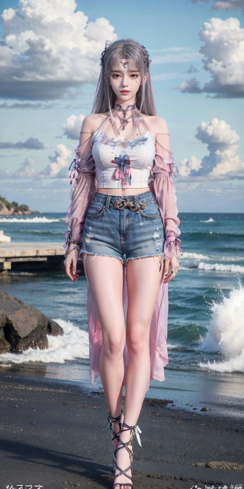  cowboy shot, Blue sky, white clouds, ocean,nai3, 1girl, shorts, solo, crop top, black shorts, choker, navel, shirt, midriff, crop top overhang, looking at viewer, white shirt, jewelry, breasts, bare shoulders, short shorts, off-shoulder shirt, off shoulder, black choker, thighs, stomach, hand on own thigh, long hair, bracelet, short sleeves, ribbon, hand up, collarbone, hair ribbon, medium breasts, standing, high-waist shorts, dolphin shorts, bra strap, , hair ornament, thigh gap, necklace, expressionless, , ,kind smile, , xiaoyixian,white_hair,foot, yue , hair ornament , hanfu