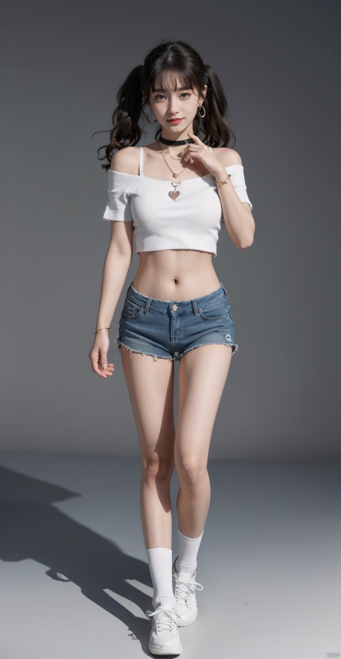  1girl, solo, shirt, shorts, socks, off-shoulder shirt, blonde hair, navel, jewelry, kneehighs, denim, denim shorts, black shirt, long hair, blue eyes, white socks, full body, off shoulder, choker, earrings, midriff, bra strap, looking at viewer, standing, bare shoulders, holding, black choker, short shorts, shoes, cutoffs, crop top, two side up, short sleeves, stomach, bracelet, breasts, necklace, white footwear, sneakers, heart, wand, collarbone, blue shorts, smile, bangs, grey background, holding wand, twintails, thighs, ribbon, tied shirt, wristband,（Long legs：1.2）