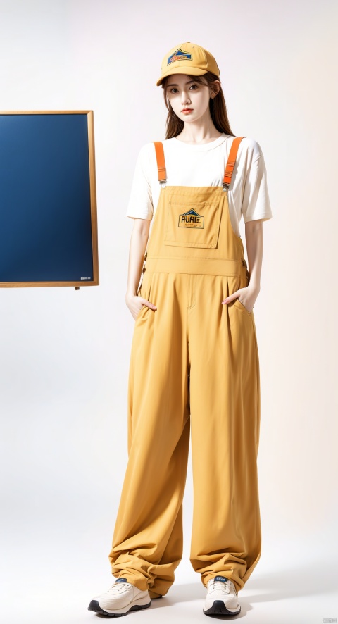  best quality, masterpiece, (photorealistic:1.2). 35mm photograph, professional, 4k, highly detailedhezi, (photostudio:1.2),(Studio shoot:1.3)overalls/,jumpsuit allieb, in the style of light beige and orange, environmental activism, hallyu, coastal scenery, womancore, thick paint, bold outline,overalls, realistic, hat, brown hair, sneakers, baseball cap, hands in pockets, shoes, white background,precise detailing, vibrant color blocks, washed-out, hallyu, iconi, 1girl, hezi