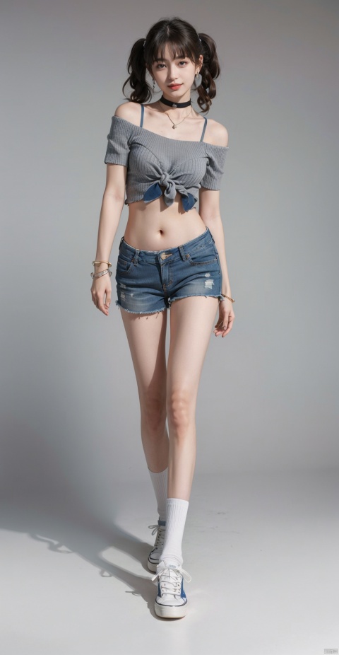  1girl, solo, shirt, shorts, socks, off-shoulder shirt, blonde hair, navel, jewelry, kneehighs, denim, denim shorts, black shirt, long hair, blue eyes, white socks, full body, off shoulder, choker, earrings, midriff, bra strap, looking at viewer, standing, bare shoulders, holding, black choker, short shorts, shoes, cutoffs, crop top, two side up, short sleeves, stomach, bracelet, breasts, necklace, white footwear, sneakers, heart, wand, collarbone, blue shorts, smile, bangs, grey background, holding wand, twintails, thighs, ribbon, tied shirt, wristband