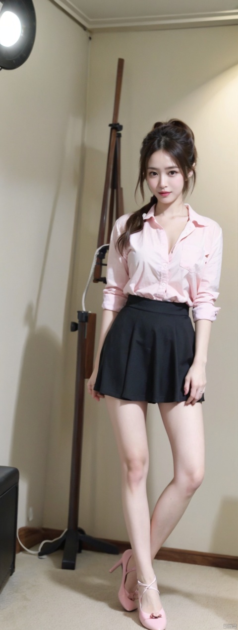  1girl,8k,,,long legs, ,
shirt,,
spotlight,chest focus,, lace skirt,
night,fool,pink shoes,bondage,
practicing room,
High ponytail,