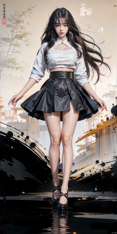  Masterpiece-level best_quality, concept artwork, a lonely solo girl, ,fashion,(mini skirt:1),Super long legs,, standing, realistic, Professionalstudio,highheels,trend,pantyhose,skinny,(big breasts:1.2), upshirt, 1girl, tutultb,Short skirt, Ink scattering_Chinese style, ink painting, zydink, Chinese ink painting,hort skirt