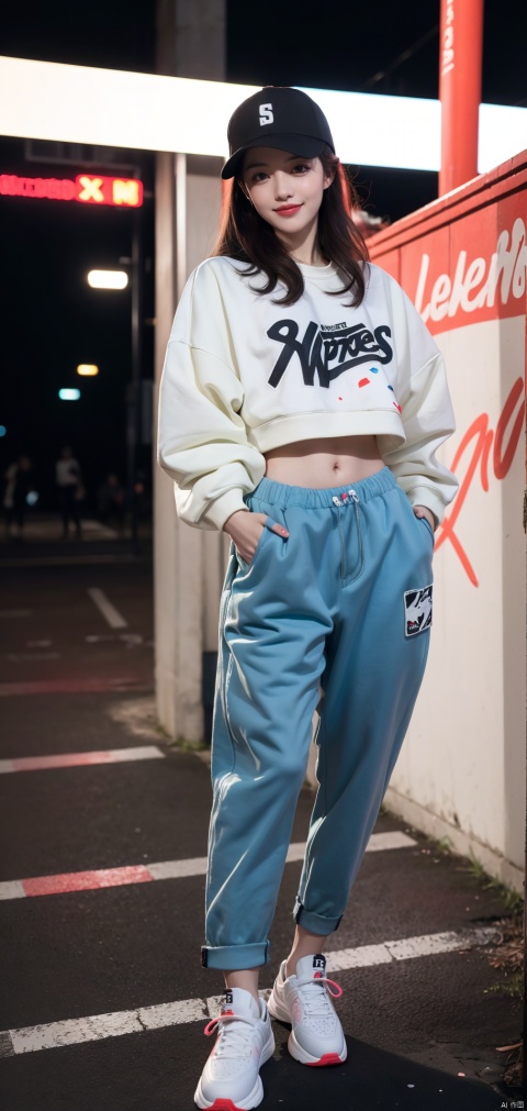  front, illustration, best quality, ultra-detailed, super detailed skin,cute, lovely, extremely detailed,8K,solo,1girl, detailed background,urban, night,dynamic angle,beautiful eyes,blash,smile,(streetwear:1.5),street style ,(emphasis splatter ),splatter,graffiti,spraycan,motion,navel,(croptop:0.8),(ear piercing:0.7),two-tone hair color,(cool),(HDR:1),wind
,(jitome:1.2),perfect hand,active,RETRO ART STYLE, NEON_POP ART STYLE, ART STYLE, hands behind back, yunqing, newspaper,(large *******:1.5)