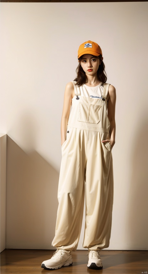  best quality, masterpiece, (photorealistic:1.2). 35mm photograph, professional, 4k, highly detailedhezi, (photostudio:1.2),(Studio shoot:1.3)overalls/,jumpsuit allieb, in the style of light beige and orange, environmental activism, hallyu, coastal scenery, womancore, thick paint, bold outline,overalls, realistic, hat, brown hair, sneakers, baseball cap, hands in pockets, shoes, white background,precise detailing, vibrant color blocks, washed-out, hallyu, iconi, 1girl, hezi