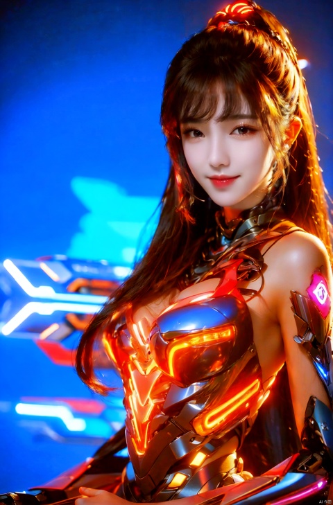  cowboy_shot, 1girl,cyborg,glowing,lneon lamp, xiaowu, ((poakl)),kind smile ,looking_at_viewer,long_hair