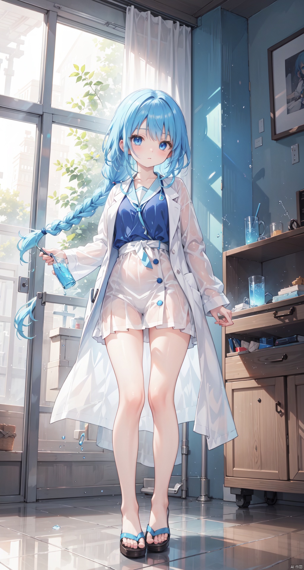  (eromange),((masterpiece)),detailed water, detailed ice,(Colored water),standing,dynamic pose,full body,(an extremely detailed and delicate),(labcoat),((ray tracing)),(loli),(solo),(petite),Reflected light,((blue hair))++(blue eyes)++Messy hair++Flipped hair++floating hair++(((braid))),large breasts,(very Brilliant brilliance),(very detailed light),(Beautiful Lighting),cozy anime,yushui,nijistyle,machinery,midjourney, see-through control