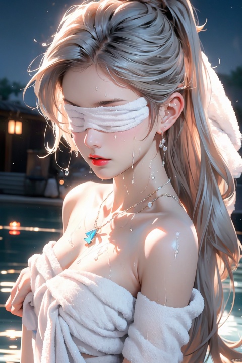 1girl bathing in the pool,blue-pink smoke, shoulders exposed to the water surface (wrapped in a towel: 1.5),Forehead gemstone, (with a large amount of water vapor on the surface: 1.5), (hot spring), lantern, night,girl, bust, long white hair, flowing long hair,((blindfold, blindfold)),rosy lips, fair skin, off-the-shoulder, collarbone, necklace,silver jewelry, backlight, subway, 1girl,high_heels, see-through control