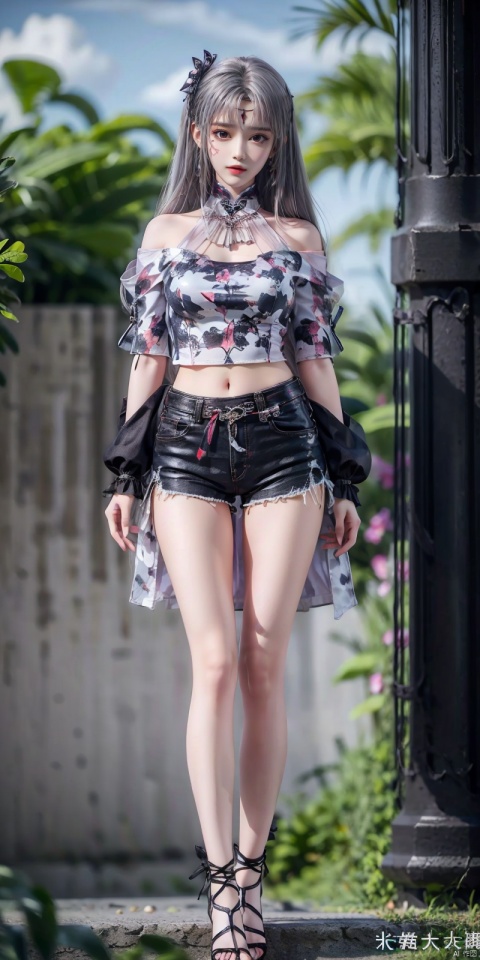  cowboy shot, Blue sky, white clouds, ocean,nai3, 1girl, shorts, solo, crop top, black shorts, choker, navel, shirt, midriff, crop top overhang, looking at viewer, white shirt, jewelry, breasts, bare shoulders, short shorts, off-shoulder shirt, off shoulder, black choker, thighs, stomach, hand on own thigh, long hair, bracelet, short sleeves, ribbon, hand up, collarbone, hair ribbon, medium breasts, standing, high-waist shorts, dolphin shorts, bra strap, , hair ornament, thigh gap, necklace, expressionless, , ,kind smile, , xiaoyixian,white_hair,foot, Ink scattering_Chinese style,moyou, transparent