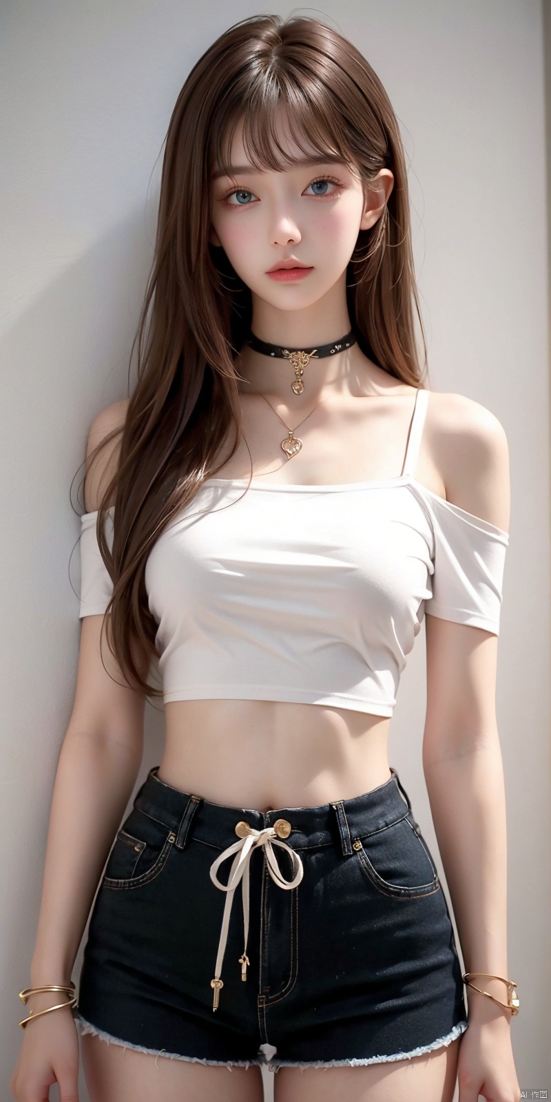  nai3, 1girl, shorts, solo, crop top, black shorts, choker, blue eyes, black hair, navel, shirt, midriff, crop top overhang, looking at viewer, white shirt, jewelry, breasts, cowboy shot, bare shoulders, short shorts, off-shoulder shirt, off shoulder, black choker, thighs, stomach, hand on own thigh, long hair, bracelet, short sleeves, ribbon, hand up, collarbone, hair ribbon, medium breasts, standing, high-waist shorts, dolphin shorts, bra strap, closed mouth, hair ornament, thigh gap, bangs, necklace, expressionless, jingling