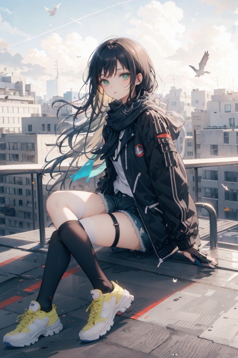  nai3, 1girl, long hair, thighhighs, solo, black hair, white thighhighs, shorts, holding, sitting, green eyes, bird, white footwear, shoes, black shorts, scarf, sneakers, jacket, looking at viewer, outdoors, bangs, long sleeves, shirt, open clothes, full body, short shorts, can, black jacket, sky, holding can, railing, ribbon, black shirt, day, open jacket, parted lips, white ribbon, building, black scarf, crow, cityscape, rooftop