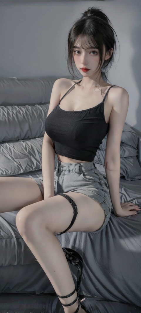  (masterpiece, best quality), 1girl, Jade green High Fade with Spiky Hair, Size H breasts, Copper Blouse and Cargo shorts, thigh strap, Sitting with legs crossed, hands resting on knees,wide hips, narrow waist, huge boobs, perky breasts, sssr