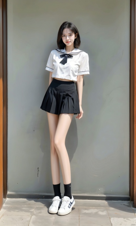  Enhanced, masterpiece, 16K, JK, 1 girl, short hair, school uniform, skirt, sneakers, full body, newspaper, pantyhose