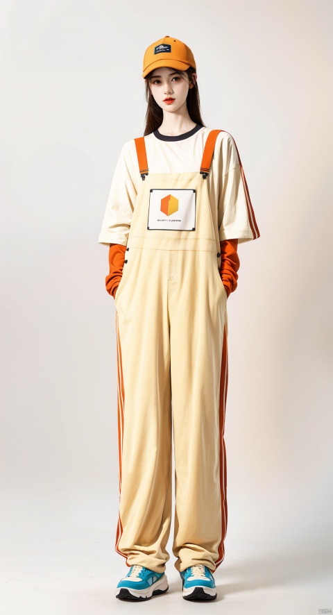  best quality, masterpiece, (photorealistic:1.2). 35mm photograph, professional, 4k, highly detailedhezi, (photostudio:1.2),(Studio shoot:1.3)overalls/,jumpsuit allieb, in the style of light beige and orange, environmental activism, hallyu, coastal scenery, womancore, thick paint, bold outline,overalls, realistic, hat, brown hair, sneakers, baseball cap, hands in pockets, shoes, white background,precise detailing, vibrant color blocks, washed-out, hallyu, iconi, 1girl, hezi, jujingyi