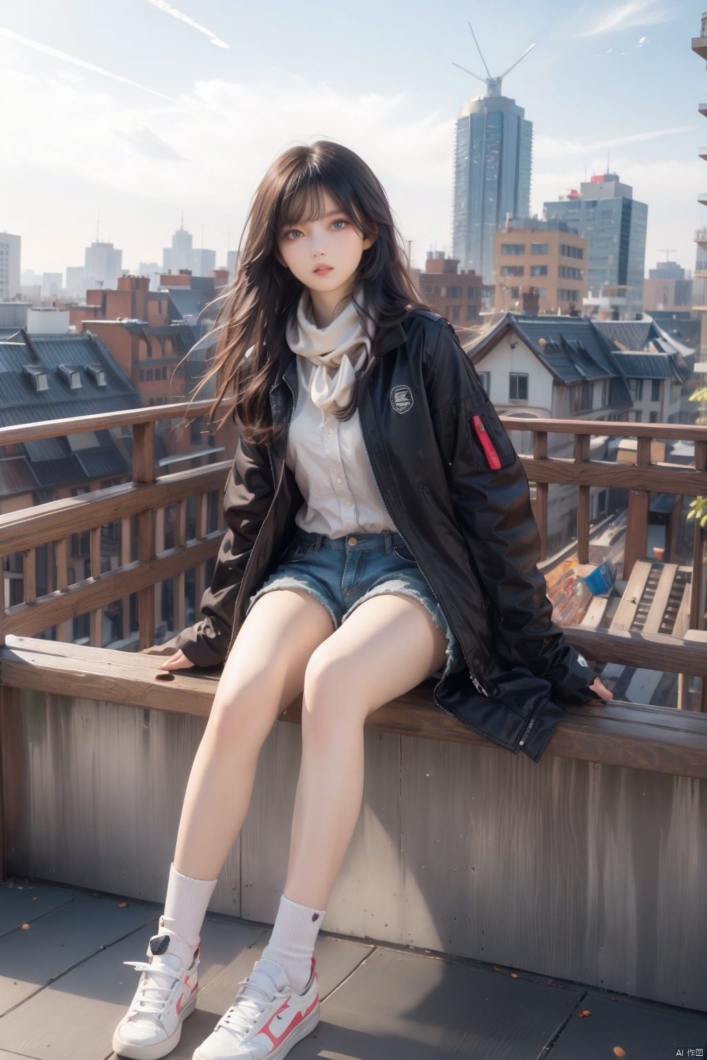  nai3, 1girl, long hair, thighhighs, solo, black hair, white thighhighs, shorts, holding, sitting, green eyes, bird, white footwear, shoes, black shorts, scarf, sneakers, jacket, looking at viewer, outdoors, bangs, long sleeves, shirt, open clothes, full body, short shorts, can, black jacket, sky, holding can, railing, ribbon, black shirt, day, open jacket, parted lips, white ribbon, building, black scarf, crow, cityscape, rooftop