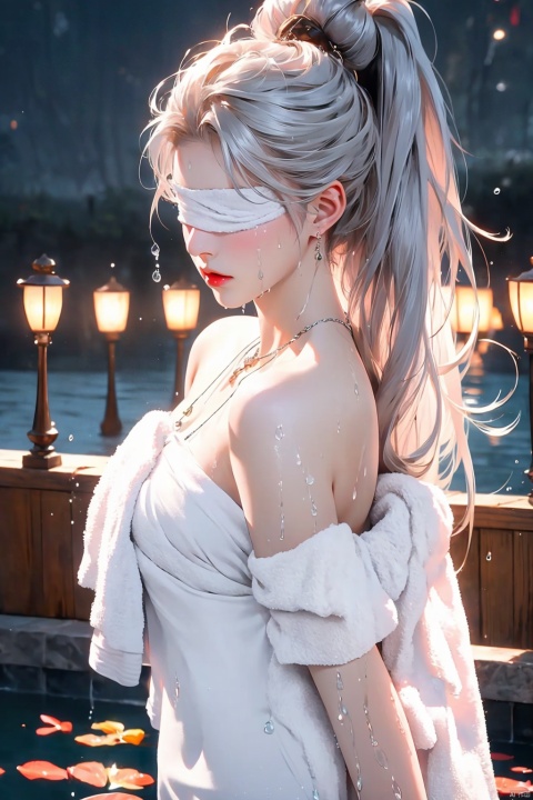  1girl bathing in the pool,blue-pink smoke, shoulders exposed to the water surface (wrapped in a towel: 1.5),Forehead gemstone, (with a large amount of water vapor on the surface: 1.5), (hot spring), lantern, night,girl, bust, long white hair, flowing long hair,((blindfold, blindfold)),rosy lips, fair skin, off-the-shoulder, collarbone, necklace,silver jewelry, backlight, subway, 1girl,high_heels, see-through control