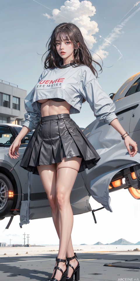  Masterpiece-level best_quality, concept artwork, a lonely solo girl, ,fashion,(mini skirt:1),Super long legs,, standing, realistic, Professionalstudio,highheels,trend,pantyhose,skinny,(big breasts:1.2), upshirt