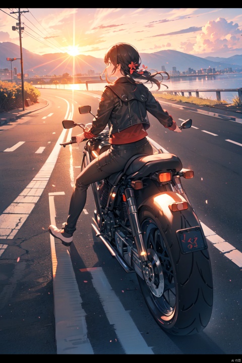  1girl, car, driving, ground_vehicle, letterboxed, motor_vehicle, motorcycle, riding, scenery, sunset