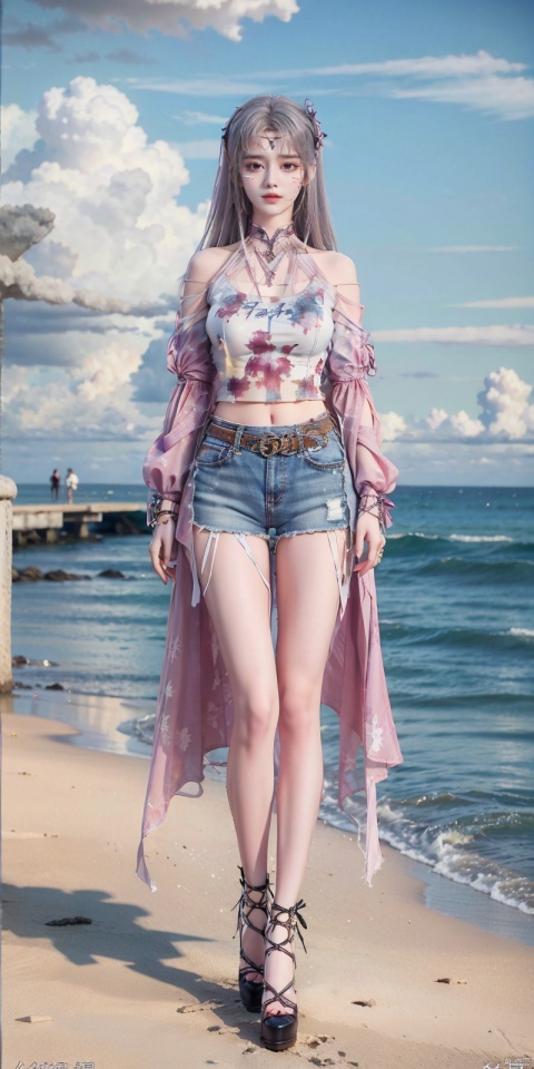  cowboy shot, Blue sky, white clouds, ocean,nai3, 1girl, shorts, solo, crop top, black shorts, choker, navel, shirt, midriff, crop top overhang, looking at viewer, white shirt, jewelry, breasts, bare shoulders, short shorts, off-shoulder shirt, off shoulder, black choker, thighs, stomach, hand on own thigh, long hair, bracelet, short sleeves, ribbon, hand up, collarbone, hair ribbon, medium breasts, standing, high-waist shorts, dolphin shorts, bra strap, , hair ornament, thigh gap, necklace, expressionless, , ,kind smile, , xiaoyixian,white_hair,foot, yue , hair ornament , hanfu