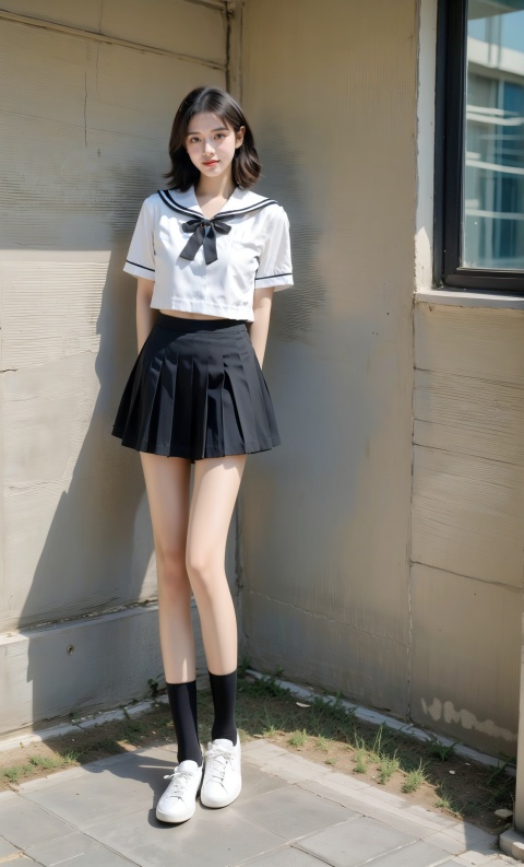  Enhanced, masterpiece, 16K, JK, 1 girl, short hair, school uniform, skirt, sneakers, full body, newspaper, pantyhose,black ribbon,black socks