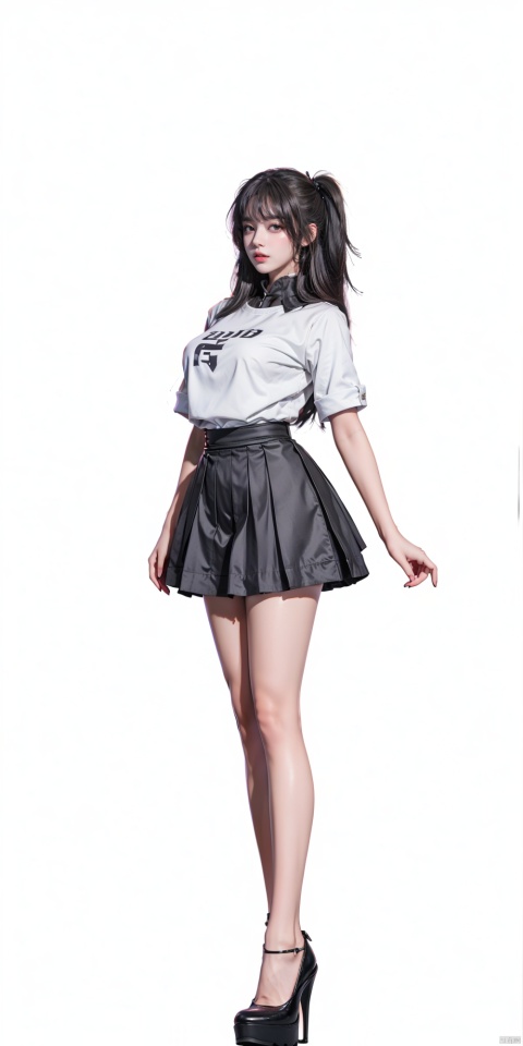  Masterpiece-level best_quality, concept artwork, a lonely solo girl, ,fashion,(mini skirt:1),Super long legs,, standing, realistic, Professionalstudio,highheels,trend,pantyhose,skinny,(big breasts:1.2), upshirt, 1girl, tutultb,Short skirt, Ink scattering_Chinese style