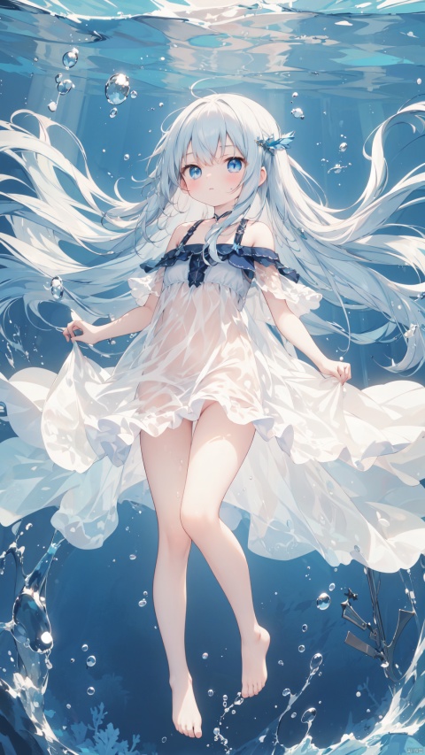  wide shot, (solo:1.3), dramatic angle, (underwater:1.2), masterpiece, best quality, intricate detail, 1girl, swimming, loli, (long hair:1.2), solo, expressionless, blue eyes, looking_up, shoulder strap dress, floating hair, floating clothes, god rays, bubble, barefoot, (full body:1.2), outstretched arm, , perfect hands, see-through control