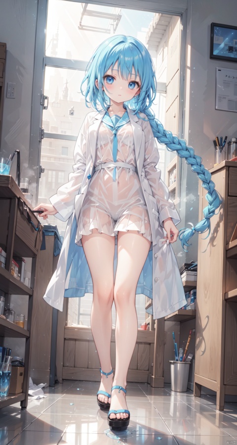  (eromange),((masterpiece)),detailed water, detailed ice,(Colored water),standing,dynamic pose,full body,(an extremely detailed and delicate),(labcoat),((ray tracing)),(loli),(solo),(petite),Reflected light,((blue hair))++(blue eyes)++Messy hair++Flipped hair++floating hair++(((braid))),large breasts,(very Brilliant brilliance),(very detailed light),(Beautiful Lighting),cozy anime,yushui,nijistyle,machinery,midjourney, see-through control