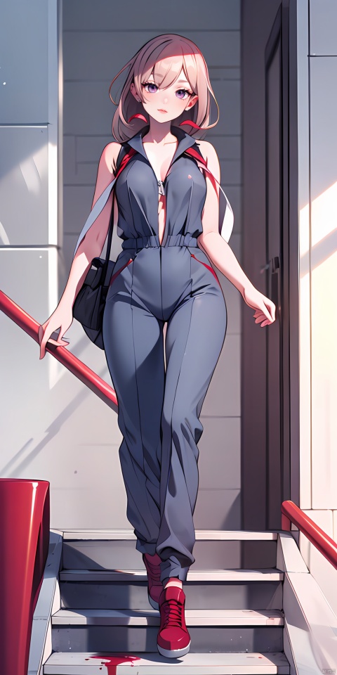  1 girl, walking down the stairs, transparent jumpsuit, torn jumpsuit, red blood, real.