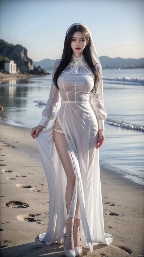  sunyunzhu, 1girl insanely beautiful girl, medium messy brunette hair, hourglass body, Outdoors on the beach, little smile, (big breasts:1.39), slim waist, nice hips, Full body shot, Nun clothes of random colors, see-through control, transparent