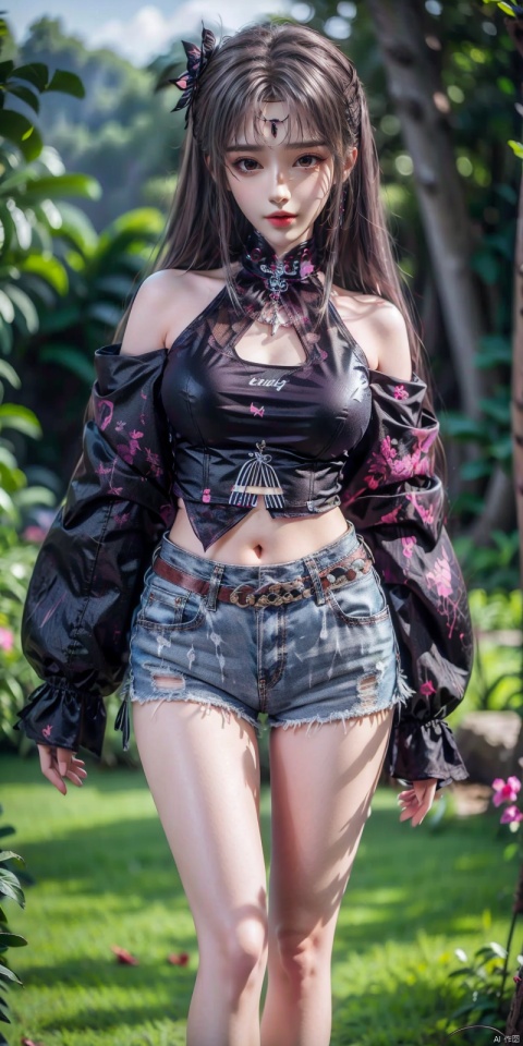  cowboy shot, Blue sky, white clouds, ocean,nai3, 1girl, shorts, solo, crop top, black shorts, choker, navel, shirt, midriff, crop top overhang, looking at viewer, white shirt, jewelry, breasts, bare shoulders, short shorts, off-shoulder shirt, off shoulder, black choker, thighs, stomach, hand on own thigh, long hair, bracelet, short sleeves, ribbon, hand up, collarbone, hair ribbon, medium breasts, standing, high-waist shorts, dolphin shorts, bra strap, , hair ornament, thigh gap, necklace, expressionless, , ,kind smile, , xiaoyixian,white_hair,foot, Ink scattering_Chinese style,moyou, transparent