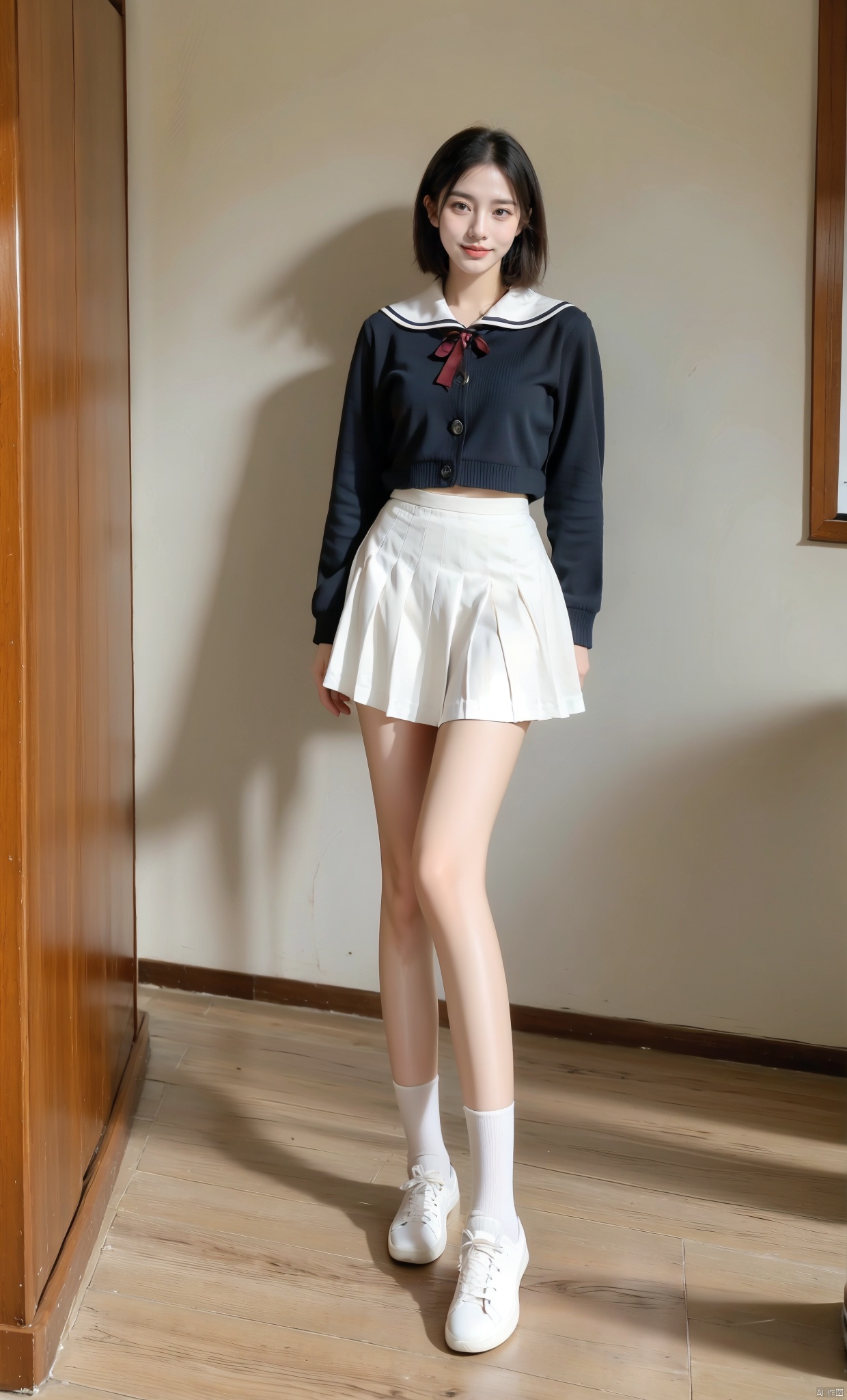  Enhanced, masterpiece, 16K, JK, 1 girl, short hair, school uniform, skirt, sneakers, full body, newspaper, pantyhose