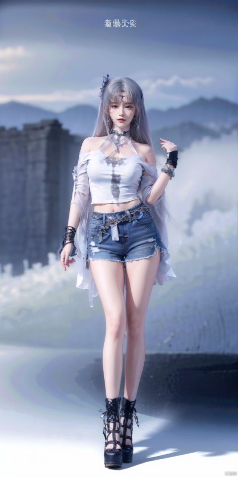  cowboy shot, Blue sky, white clouds, ocean,nai3, 1girl, shorts, solo, crop top, black shorts, choker, navel, shirt, midriff, crop top overhang, looking at viewer, white shirt, jewelry, breasts, bare shoulders, short shorts, off-shoulder shirt, off shoulder, black choker, thighs, stomach, hand on own thigh, long hair, bracelet, short sleeves, ribbon, hand up, collarbone, hair ribbon, medium breasts, standing, high-waist shorts, dolphin shorts, bra strap, , hair ornament, thigh gap, necklace, expressionless, , ,kind smile, , xiaoyixian,white_hair,foot, Ink scattering_Chinese style,moyou