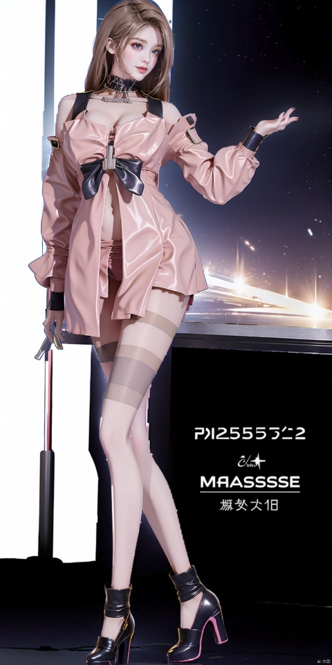  Masterpiece-level best_quality, concept artwork, a lonely solo girl, ,fashion,(mini skirt:1),Super long legs,, standing, realistic, Professionalstudio,highheels,trend,pantyhose,skinny,(big breasts:1.2), underwear