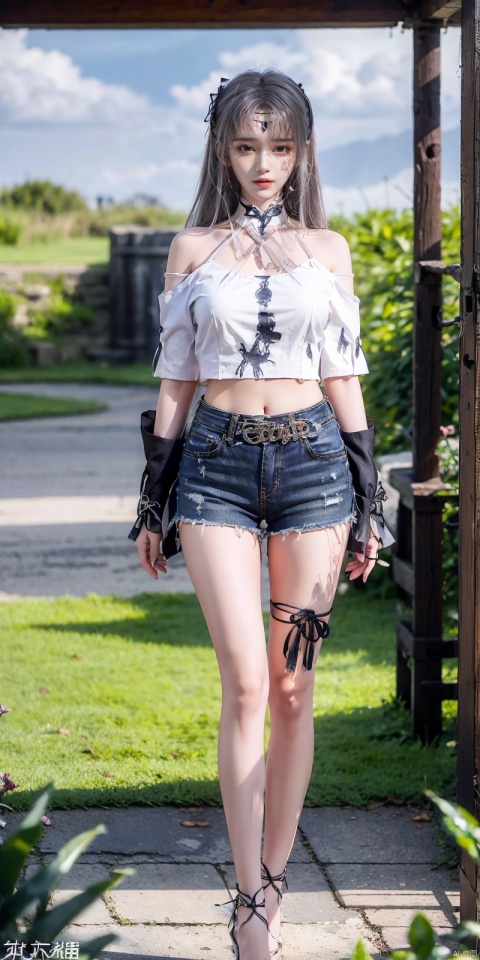  cowboy shot, Blue sky, white clouds, ocean,nai3, 1girl, shorts, solo, crop top, black shorts, choker, navel, shirt, midriff, crop top overhang, looking at viewer, white shirt, jewelry, breasts, bare shoulders, short shorts, off-shoulder shirt, off shoulder, black choker, thighs, stomach, hand on own thigh, long hair, bracelet, short sleeves, ribbon, hand up, collarbone, hair ribbon, medium breasts, standing, high-waist shorts, dolphin shorts, bra strap, , hair ornament, thigh gap, necklace, expressionless, , ,kind smile, , xiaoyixian,white_hair,foot, Ink scattering_Chinese style