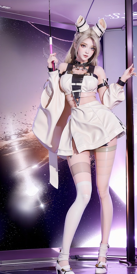  Masterpiece-level best_quality, concept artwork, a lonely solo girl, ,fashion,(mini skirt:1),Super long legs,, standing, realistic, Professionalstudio,highheels,trend,pantyhose,skinny,(big breasts:1.2), Hourglass body shape, white pantyhose, white socks, white thighhighs