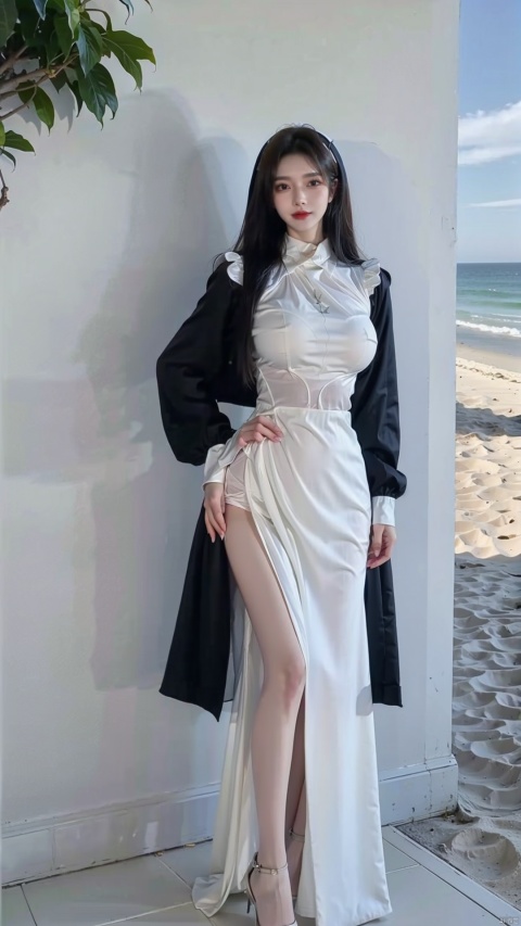  sunyunzhu, 1girl insanely beautiful girl, medium messy brunette hair, hourglass body, Outdoors on the beach, little smile, (big breasts:1.39), slim waist, nice hips, Full body shot, Nun clothes of random colors, see-through control, transparent