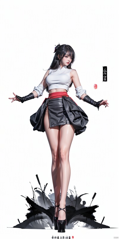  Masterpiece-level best_quality, concept artwork, a lonely solo girl, ,fashion,(mini skirt:1),Super long legs,, standing, realistic, Professionalstudio,highheels,trend,pantyhose,skinny,(big breasts:1.2), upshirt, 1girl, tutultb,Short skirt, Ink scattering_Chinese style