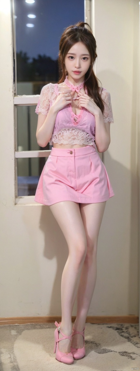  1girl,8k,,,long legs, ,
shirt,,
spotlight,chest focus,, lace skirt,
night,fool,pink shoes,bondage,
practicing room,
High ponytail,