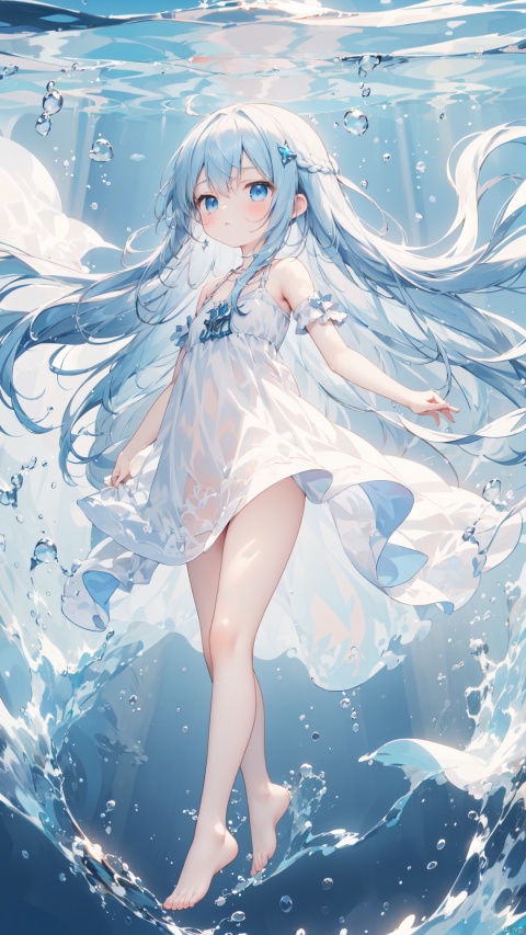  wide shot, (solo:1.3), dramatic angle, (underwater:1.2), masterpiece, best quality, intricate detail, 1girl, swimming, loli, (long hair:1.2), solo, expressionless, blue eyes, looking_up, shoulder strap dress, floating hair, floating clothes, god rays, bubble, barefoot, (full body:1.2), outstretched arm, , perfect hands,