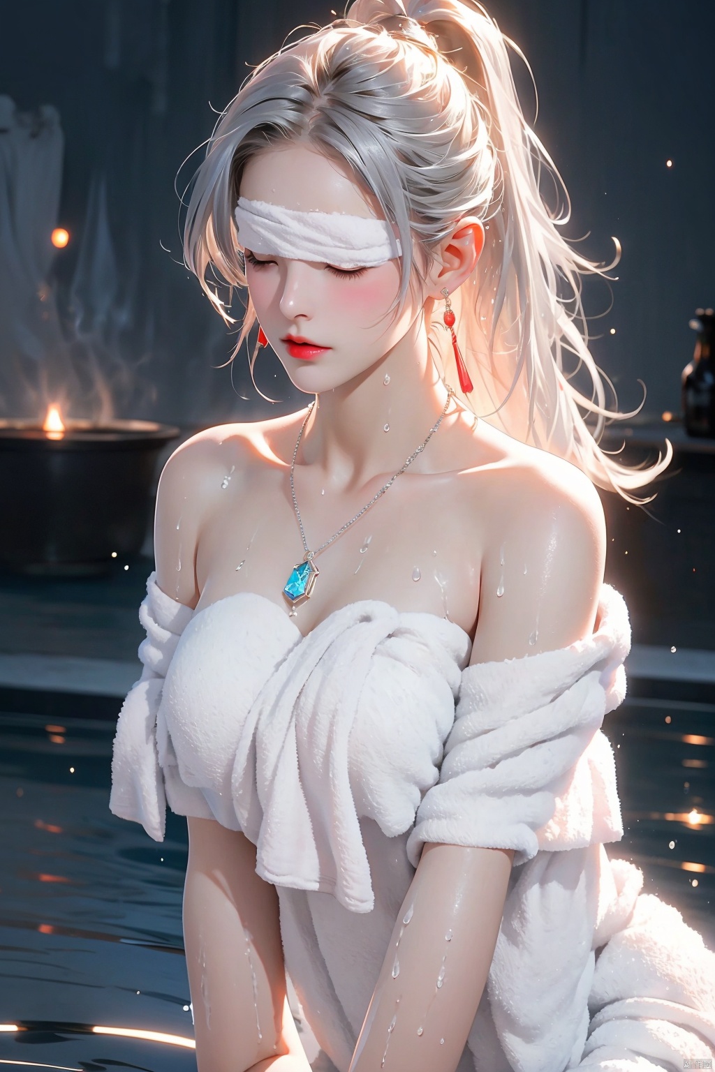  1girl bathing in the pool,blue-pink smoke, shoulders exposed to the water surface (wrapped in a towel: 1.5),Forehead gemstone, (with a large amount of water vapor on the surface: 1.5), (hot spring), lantern, night,girl, bust, long white hair, flowing long hair,((blindfold, blindfold)),rosy lips, fair skin, off-the-shoulder, collarbone, necklace,silver jewelry, backlight, subway, 1girl,high_heels, see-through control