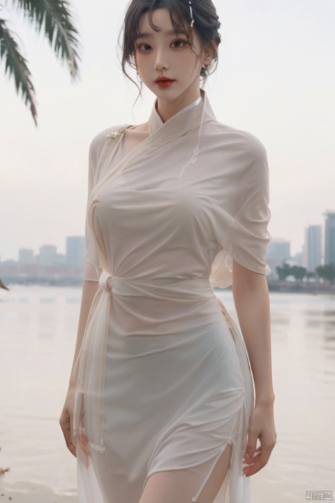  Masterpiece, top quality, 1 girl, hanfu, Summer clothes, exquisite details, sheer dress, makeup, Giant breast, Sexy, Wet through, Thick thigh, Wide buttock, Thin waist, Bend, Bend over, Tall man, high quality, 8k